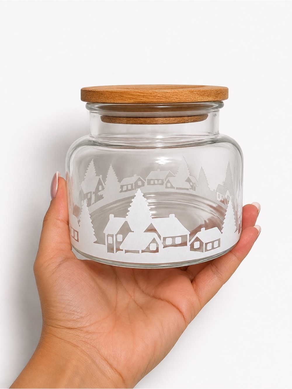 Winter Multi UseGlass Jar with Wooden Lid - White Snow Village Design - Picture 2 of 2